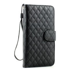 Note 3 Quilted Flip Leather Wallet Case w Stand and Strap (Black)